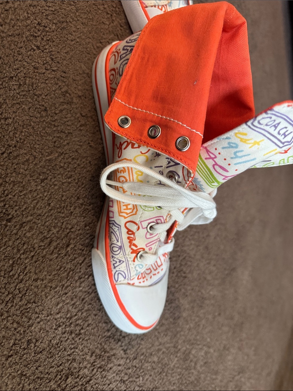 Coach woman White Multicolor coach Logo High-Top Sneakers with Orange Trim - Picture 2 of 6